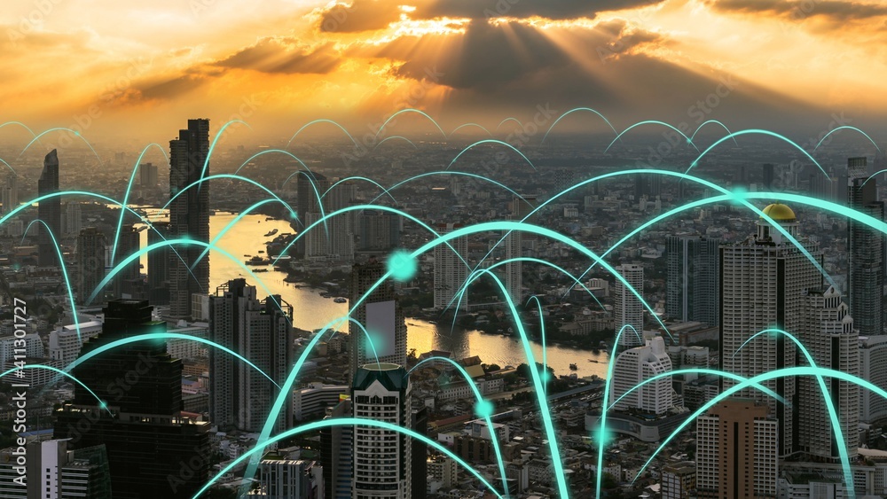 全球化智慧数字城市抽象图形展示连接网络。未来概念
