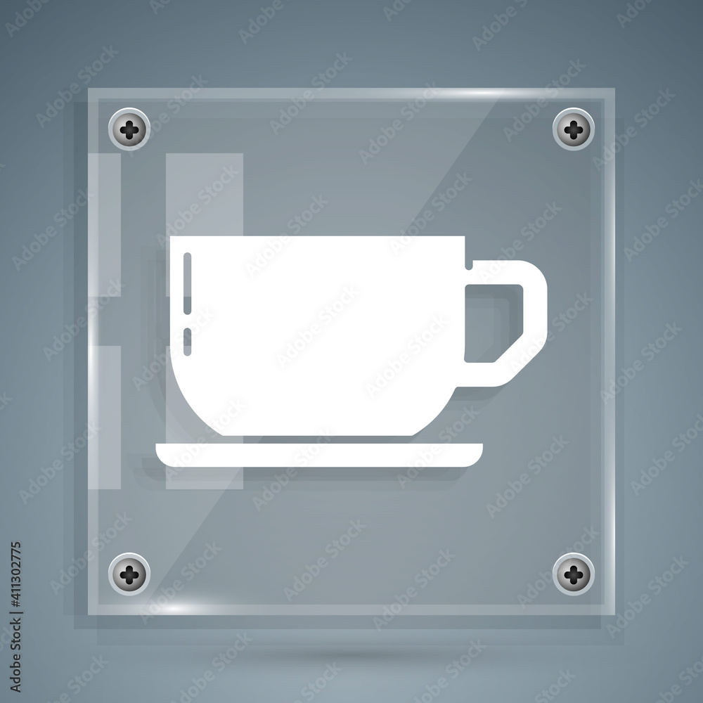 灰色背景上隔离的白咖啡杯图标。茶杯。热饮咖啡。方形玻璃面板。V