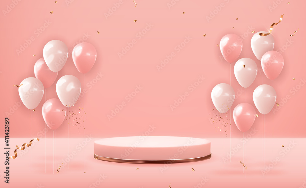 粉色柔和自然背景上的玫瑰金底座，带有派对气球。时尚的空讲台dis