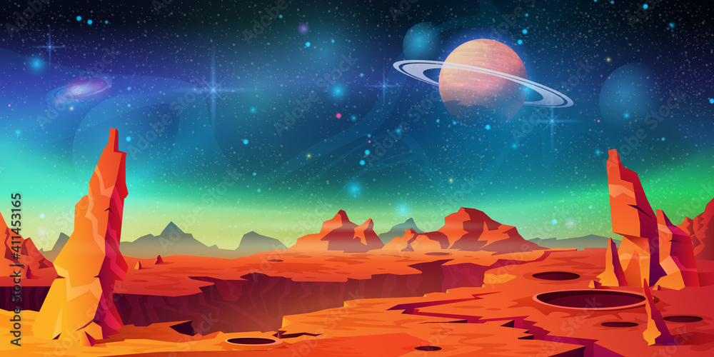 火星表面景观，外星背景，星空上的土星。带山脉的矢量红色沙漠