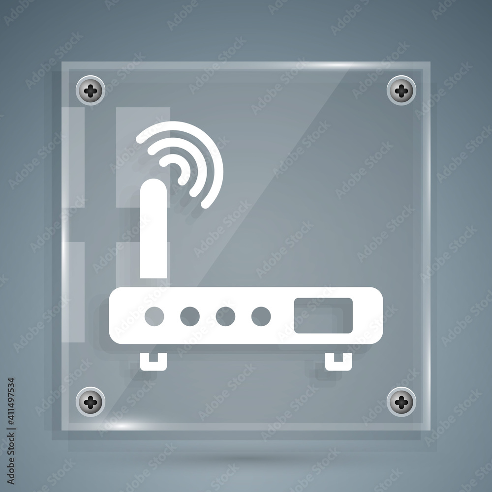 白色路由器和wi-fi信号图标在灰色背景上隔离。无线以太网调制解调器路由器。Comp