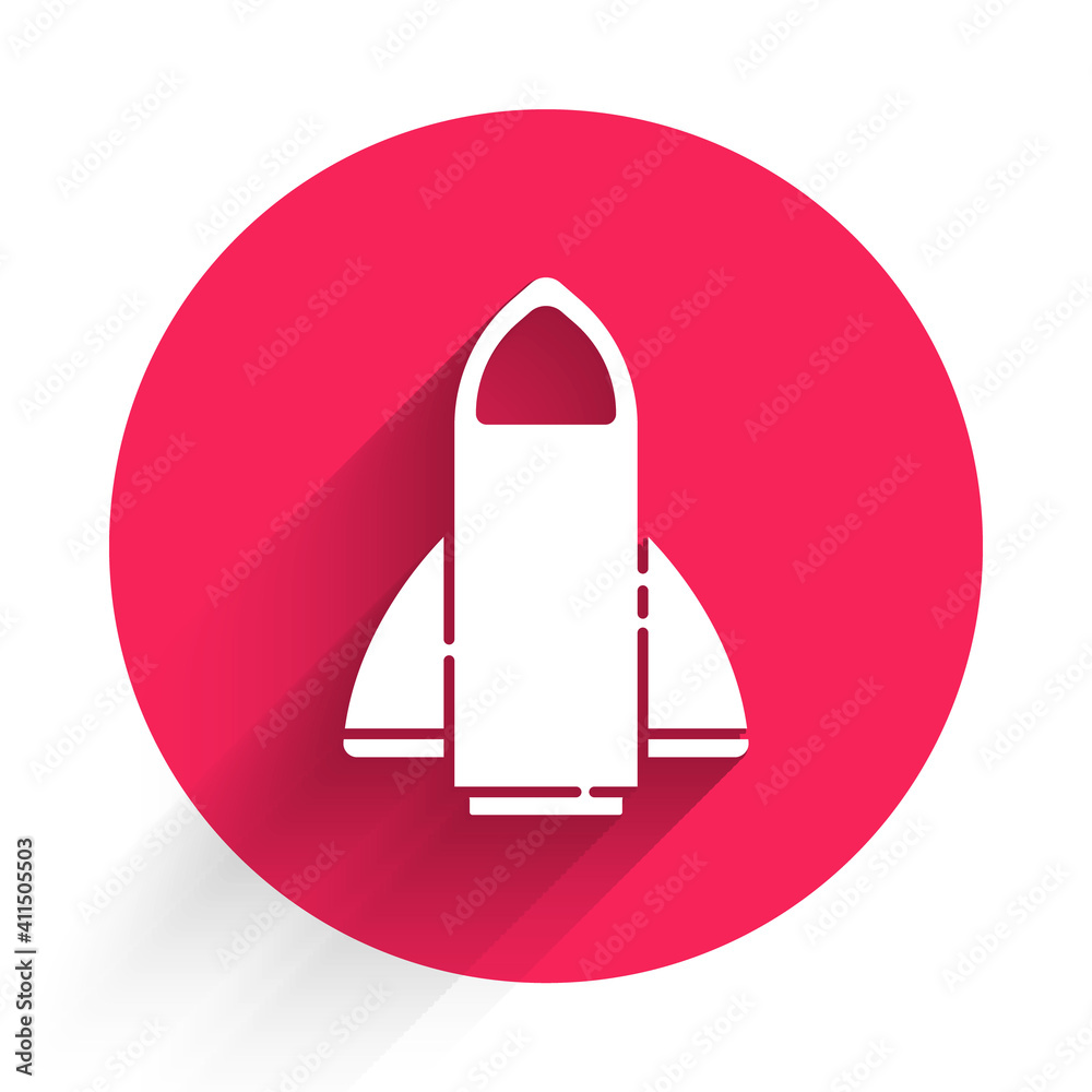 White Rocket ship icon isolated with long shadow. Space travel. Red circle button. Vector.