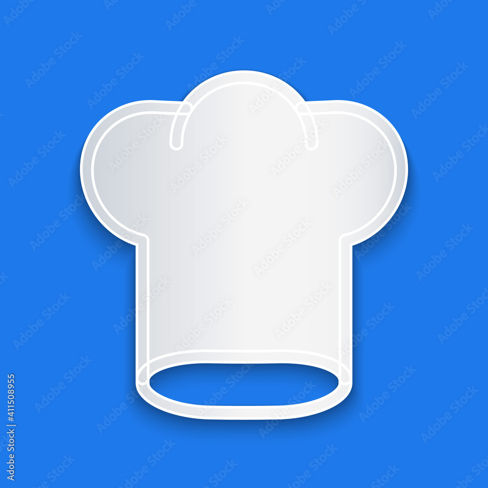 Paper cut Chef hat icon isolated on blue background. Cooking symbol. Cooks hat. Paper art style. Vec