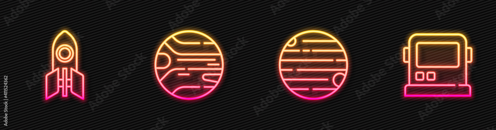 Set line Planet, Rocket ship, and Astronaut helmet. Glowing neon icon. Vector.