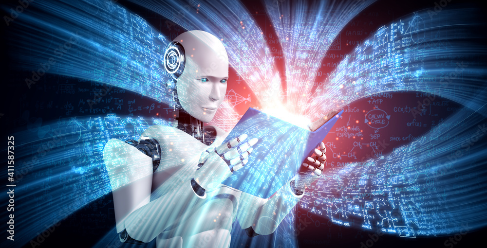 未来人工智能概念中机器人类人读物的3D插图和第四本