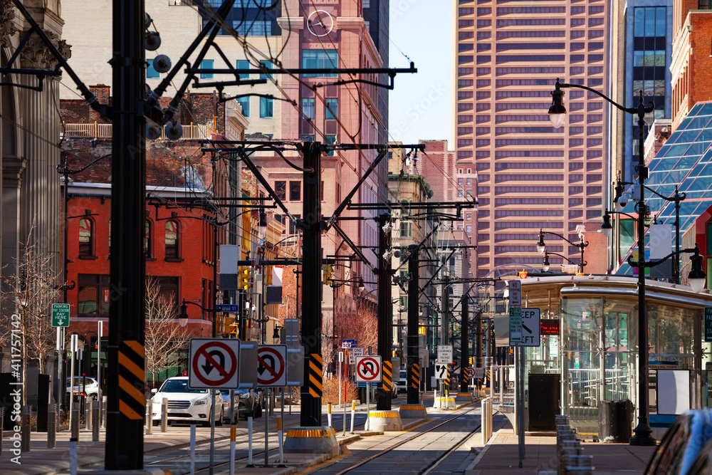 Streetcar line on the main street in Buffalo and downtown buildings on background, NY USA