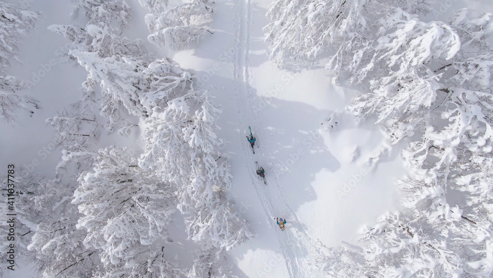 自上而下：滑雪游客沿着一条通往雪山的空旷小径徒步旅行。