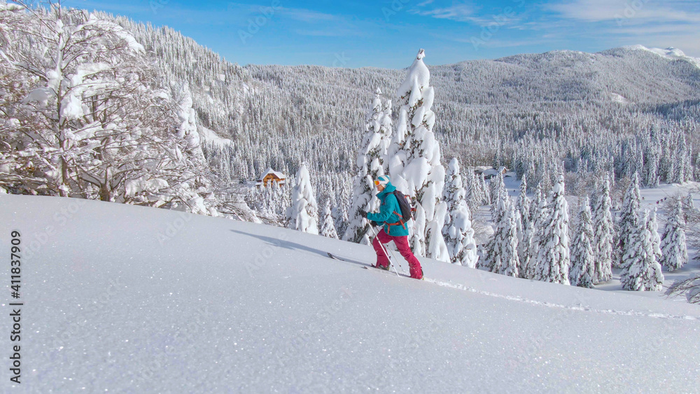 活跃的女性游客在朱利安阿尔卑斯山滑雪旅行，徒步登上一座粉末覆盖的小山。