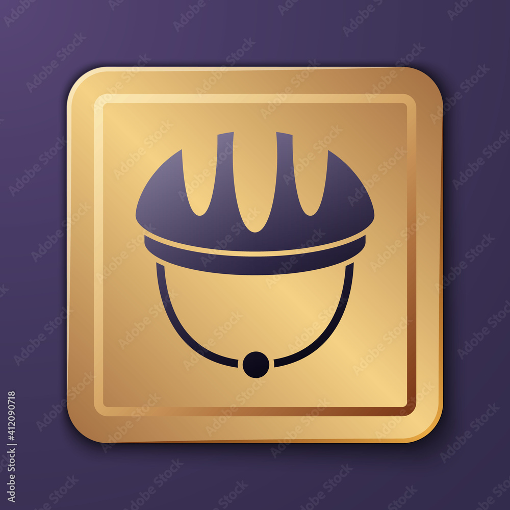 Purple Bicycle helmet icon isolated on purple background. Extreme sport. Sport equipment. Gold squar