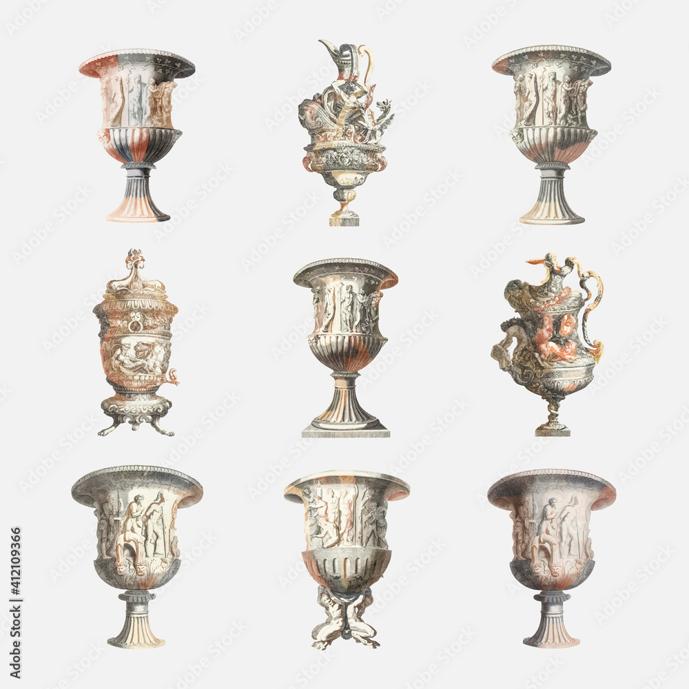 古代装饰花瓶矢量复古插图套装