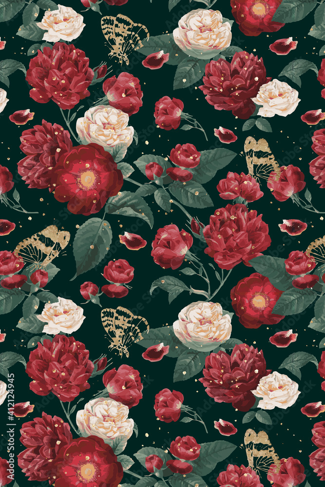 经典浪漫红玫瑰矢量花卉图案水彩插图
