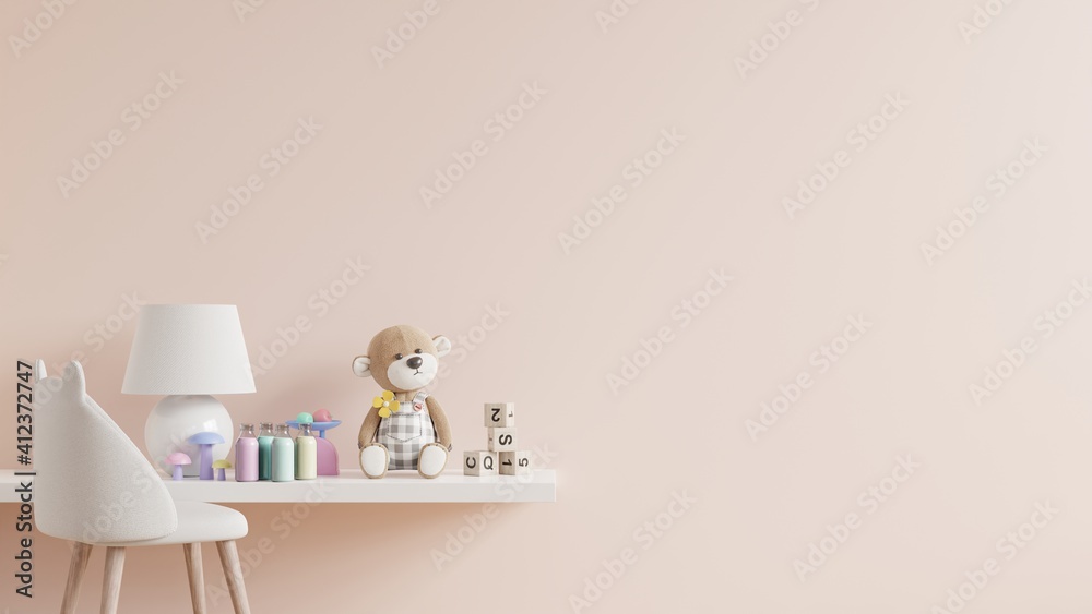 Mock up cream color wall in the childrens room on the wooden shelf.