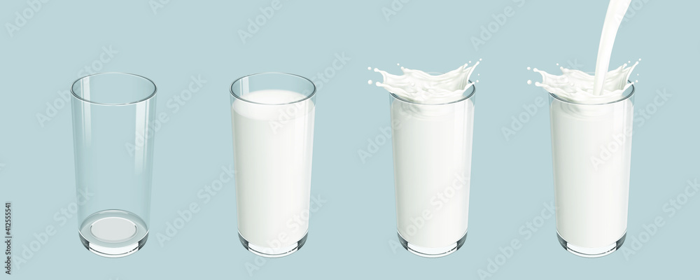 Set realistic transparent empty glass with pouring milk splash, 3d vector illustration