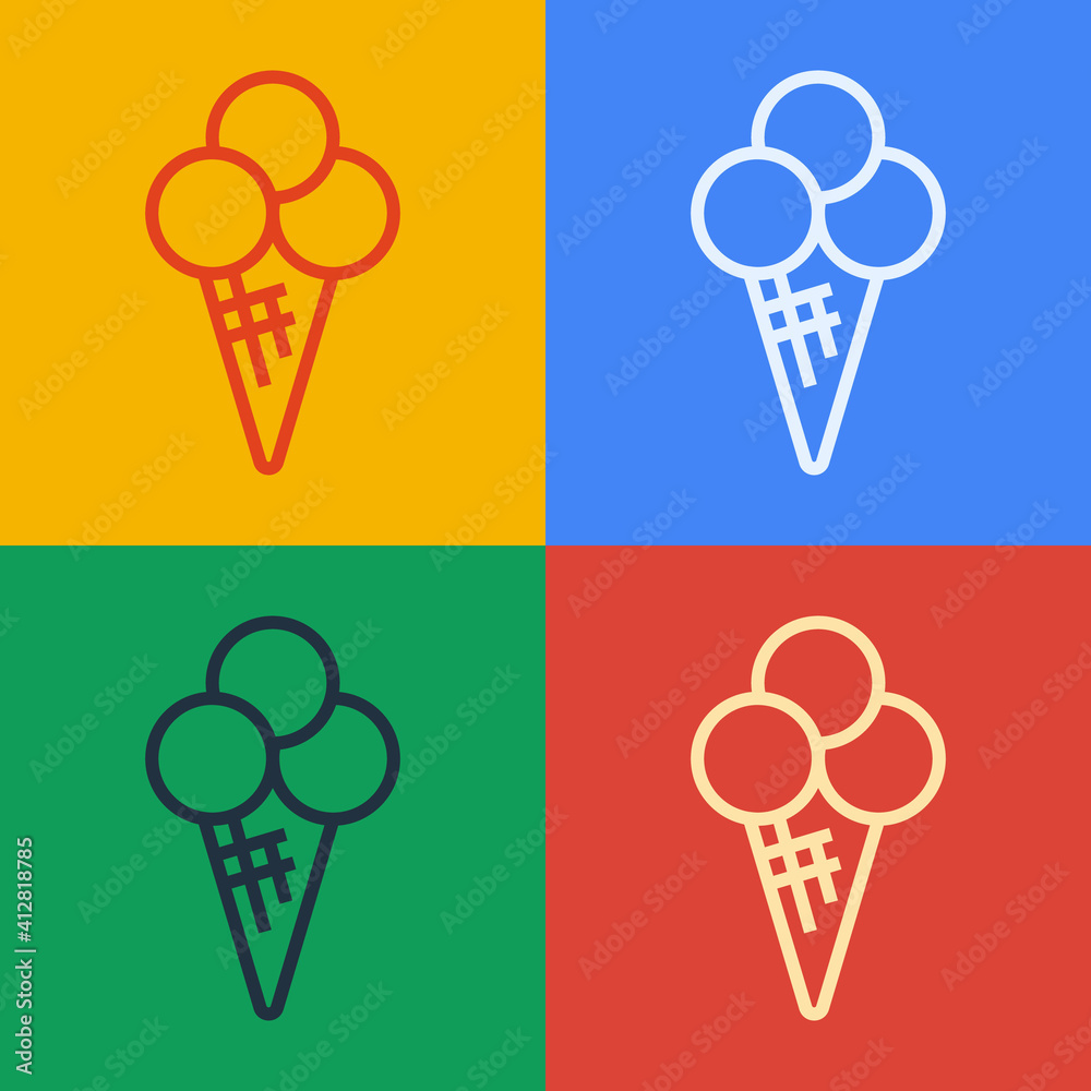 流行艺术线华夫饼锥形冰淇淋图标，隔离在彩色背景上。甜蜜的符号。矢量。