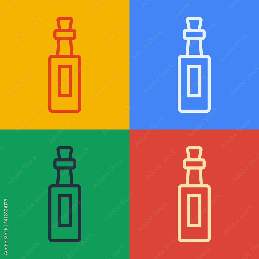 流行艺术线橄榄油图标瓶，隔离在彩色背景上。橄榄油图标壶。矢量。