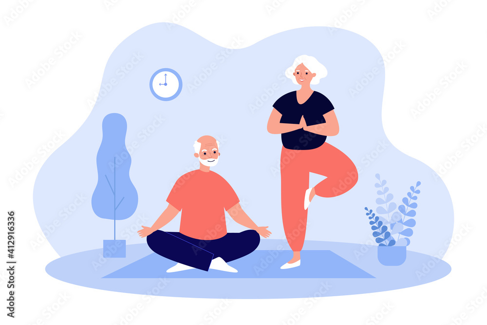 老年夫妇在家做瑜伽，在垫子上练习冥想，锻炼身体，保持活跃的大脑