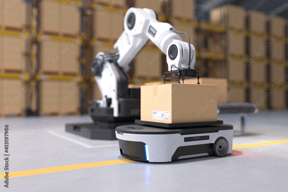 The Robot arm picks up the box to Autonomous Robot transportation in warehouses, Warehouse automatio