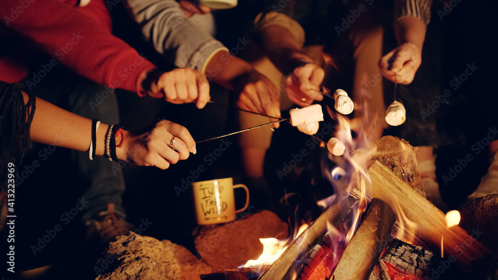黄昏时分，一群年轻男女围坐在森林里的篝火旁，喝茶，大笑度假