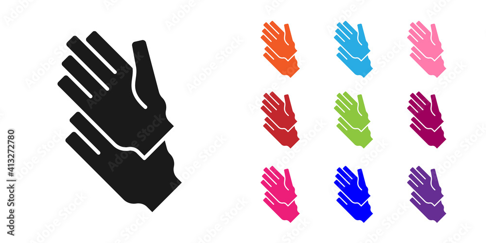 白色背景上隔离的黑色橡胶手套图标。乳胶护手标志。家庭清洁