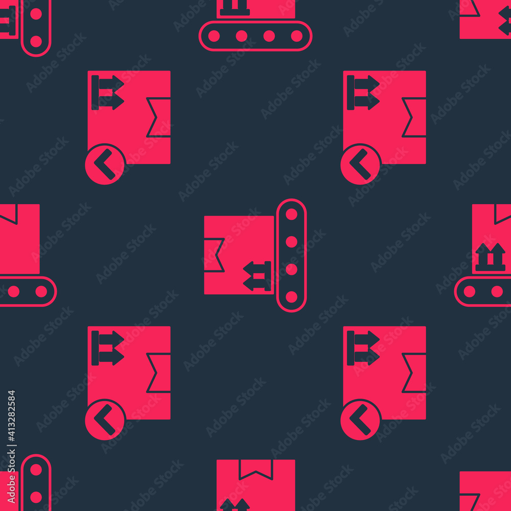 Set Package box with check mark and Conveyor belt with cardboard box on seamless pattern. Vector.