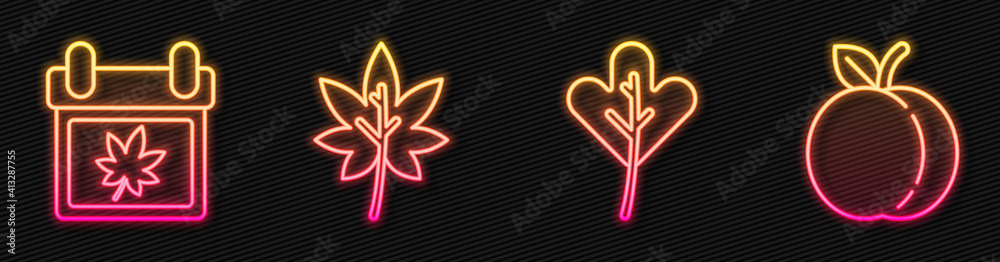 Set line Leaf or leaves, Calendar with autumn leaves, Leaf or leaves and Peach fruit. Glowing neon i