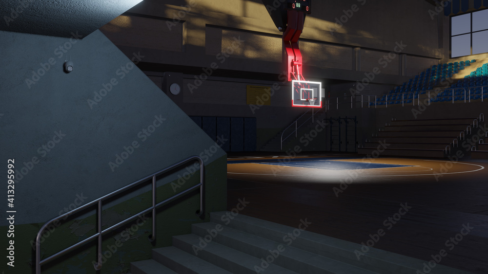 空荡荡的篮球场。运动场。3d渲染背景