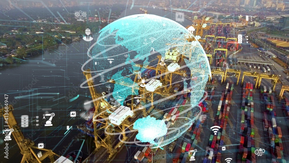 航运港口鸟瞰图，网络技术现代化展示smar概念