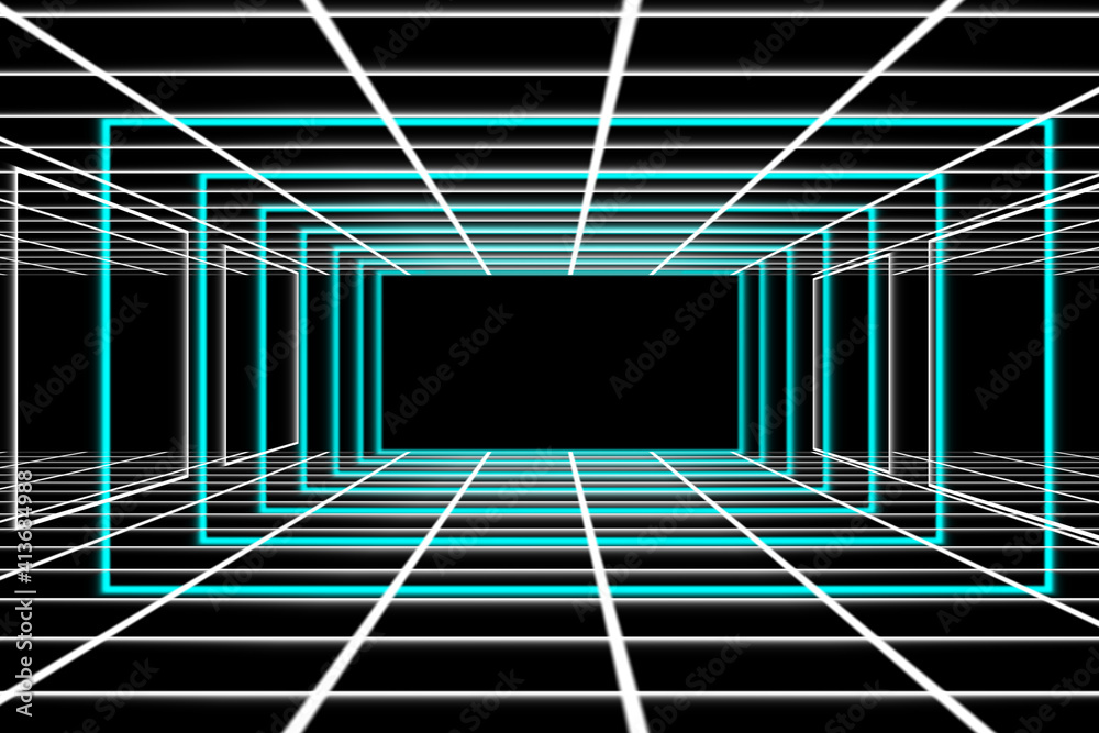 绿色霓虹灯几何形状在黑色背景下形成隧道的抽象插图