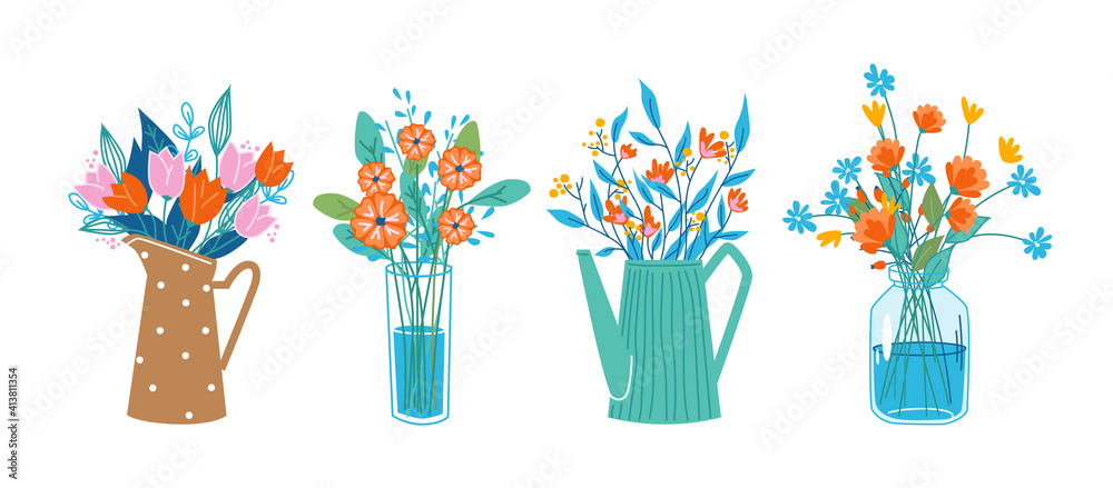 花束中的花朵组成，装饰花瓶、水罐、玻璃杯中的花朵。Vec
