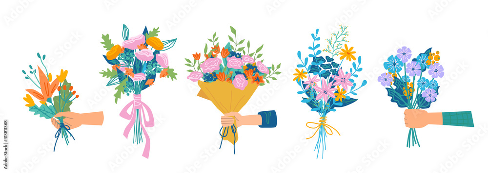 花束中的花卉成分，独立的双手捧着花朵。植物学和装饰学