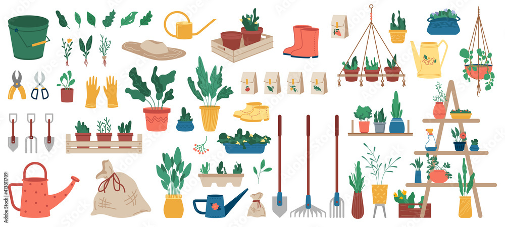 Gardener equipment, set of planting, gardening and farming objects and plants in flowerpots isolated