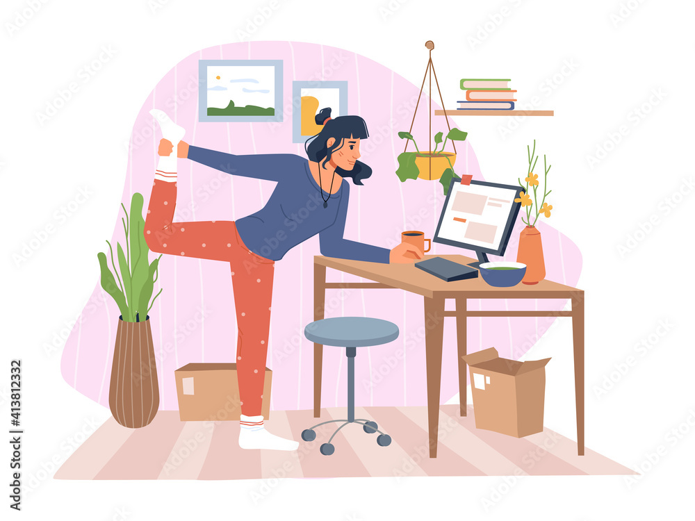 职场女性在笔记本电脑上伸展身体和打字，女性在完成电脑任务时锻炼身体