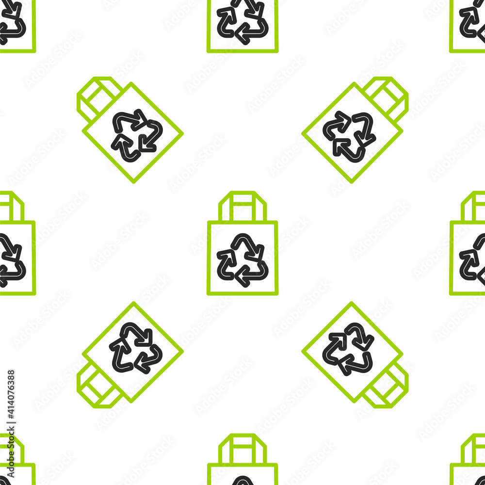 Line Paper shopping bag with recycle icon isolated seamless pattern on white background. Bag with re