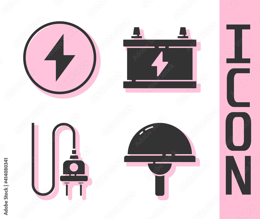Set Light emitting diode, Lightning bolt, Electric plug and Car battery icon. Vector.