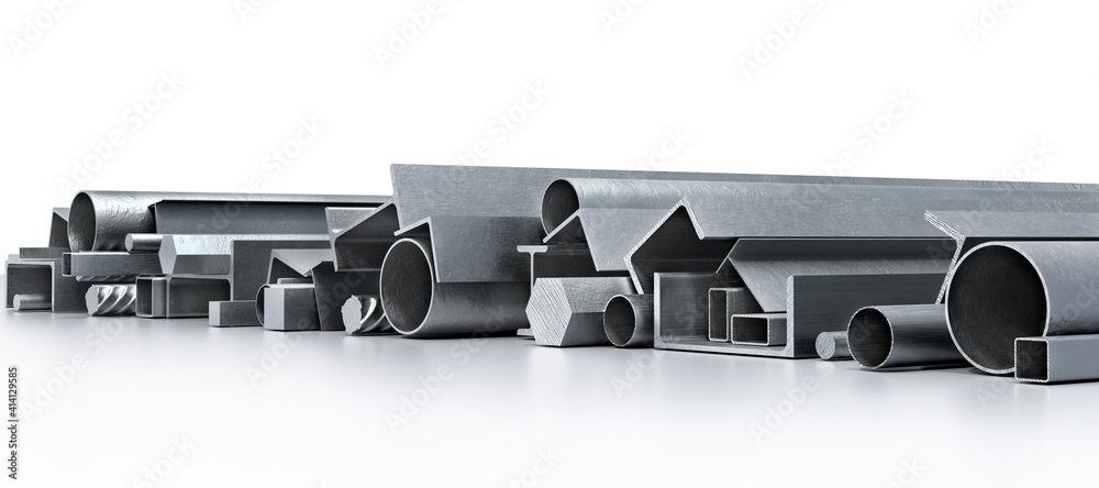 Stack of long metal profiles and shapes on a white reflective floor, 3d illustration