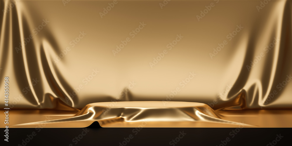 黄金产品背景支架或讲台，用于空白背景的豪华广告展示。