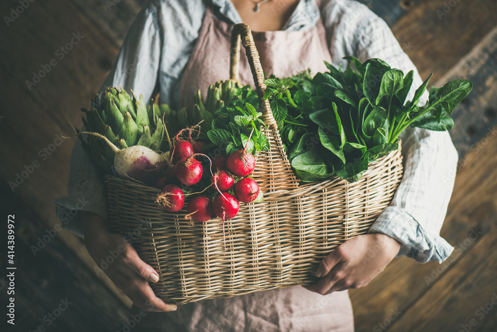 女农民手里拿着一篮子新鲜的有机花园蔬菜和绿色蔬菜，质朴的木制wa