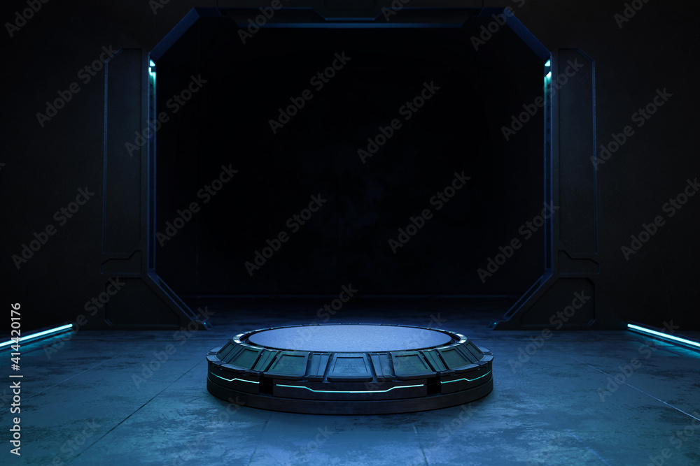 Abstract black background, Futuristic pedestal for product presentation, Blank product stand, Futuri