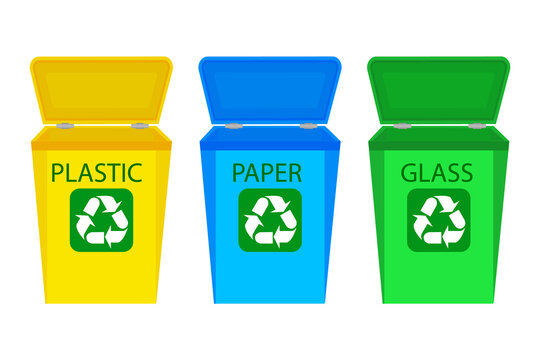 Set of recycle bins with waste recycle symbol isolated on white background. Colored rubbish containers for separate sorting of garbage. Bin for recycling different types of waste. Vector illustration