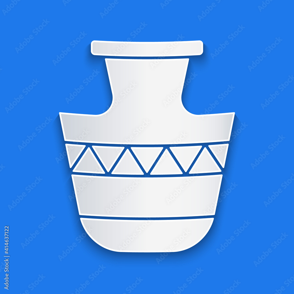 Paper cut Ancient amphorae icon isolated on blue background. Paper art style. Vector.
