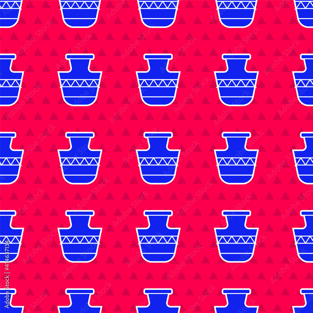 Blue Ancient amphorae icon isolated seamless pattern on red background. Vector.