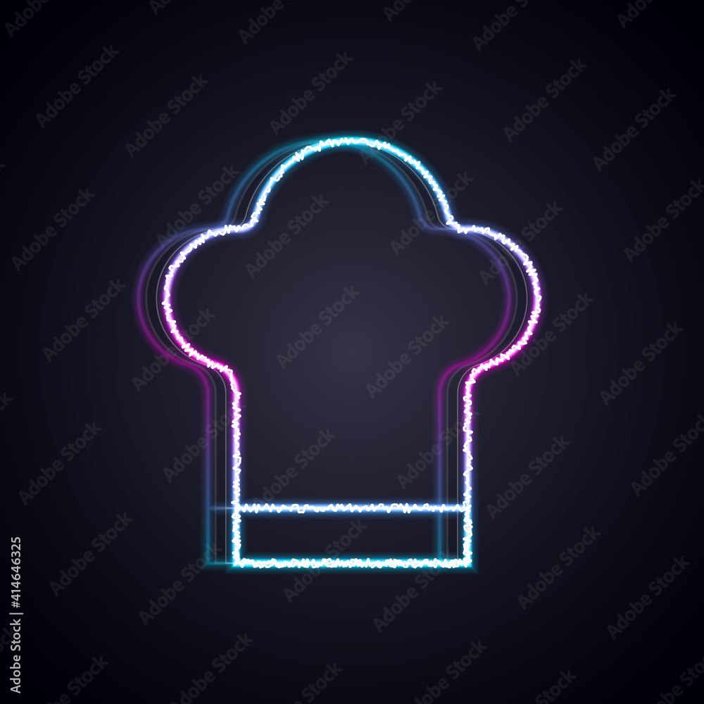 发光的霓虹灯线条厨师帽图标隔离在黑色背景上。烹饪符号。厨师帽。矢量。