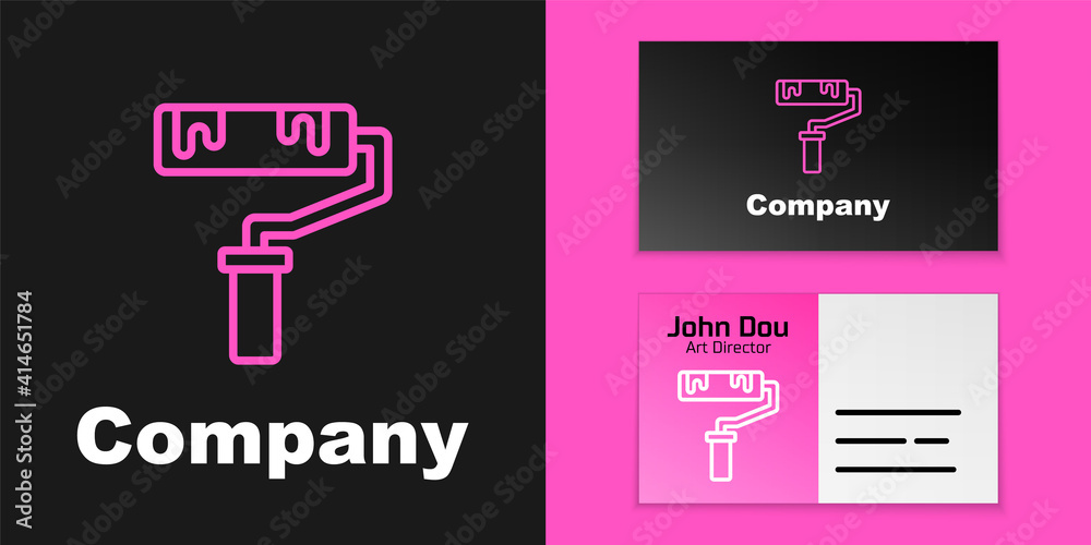 Pink line Paint roller brush icon isolated on black background. Logo design template element. Vector