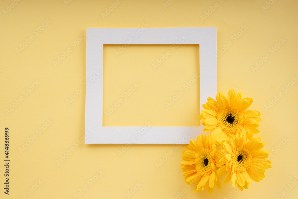 向日葵和黄色背景的模拟白色框架。