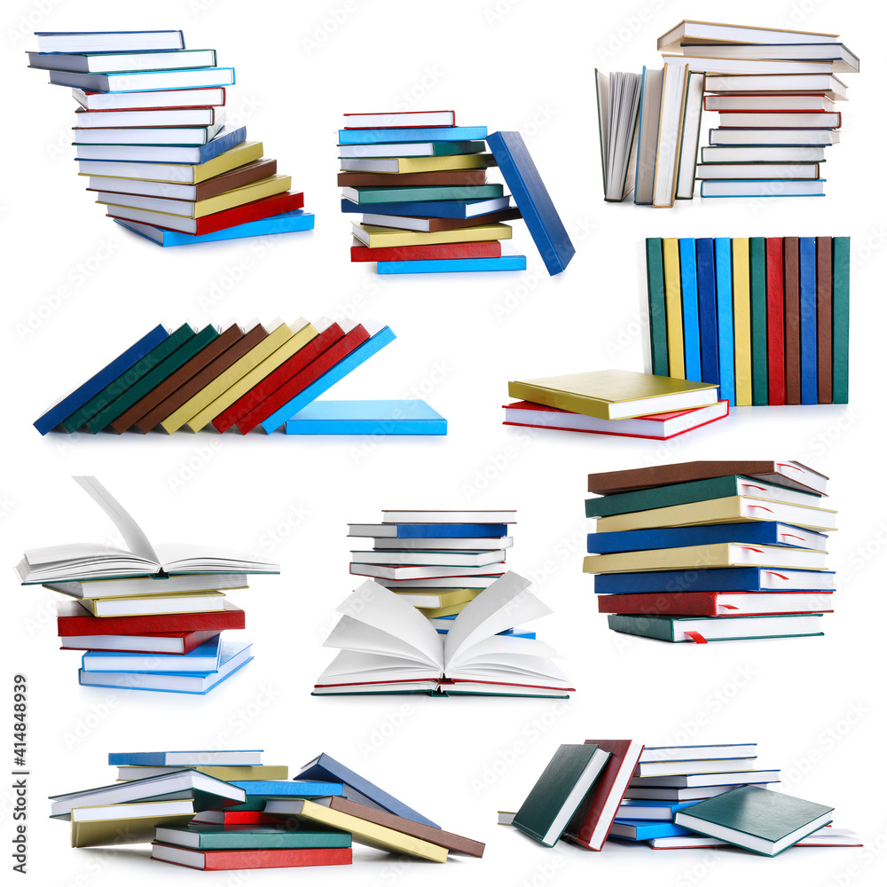 Collage of different books on white background