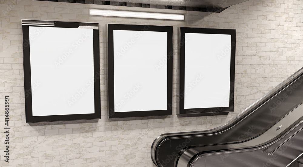 地下墙上的三块垂直广告牌实物模型。地铁墙上的三联广告牌