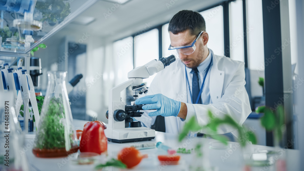 Handsome Male Scientist in Safety Glasses Analyzing a Lab-Grown Food Sample Through an Advanced Micr