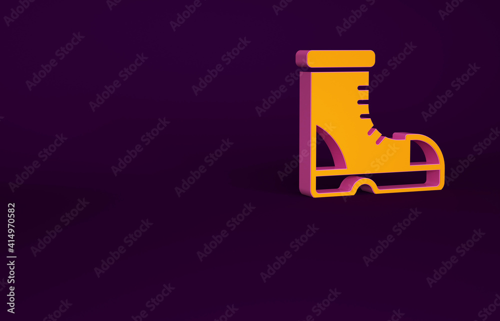 橙色猎人靴图标隔离在紫色背景上。极简主义概念。3d插图3d rende