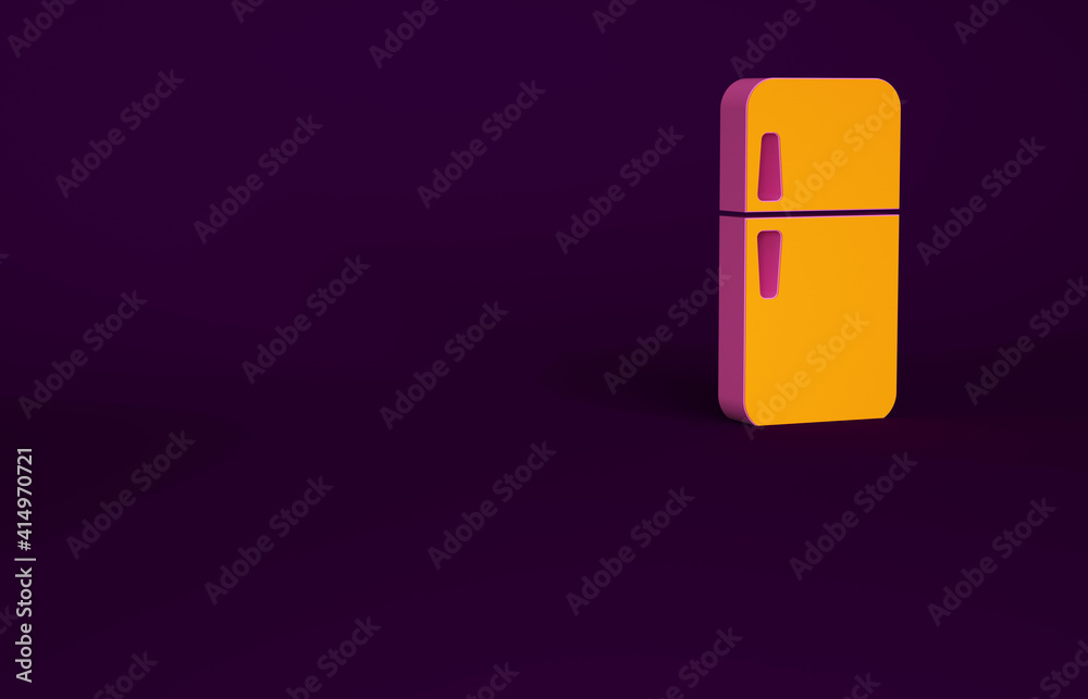 橙色冰箱图标隔离在紫色背景上。冰箱冷冻冰箱。家用技术