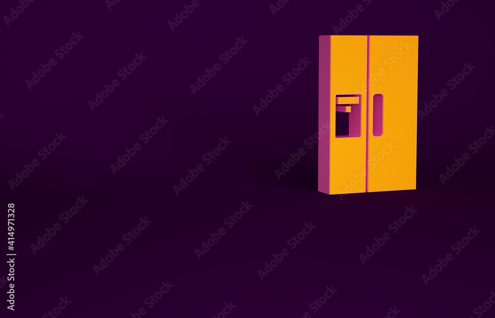 橙色冰箱图标隔离在紫色背景上。冰箱冷冻冰箱。家用科技